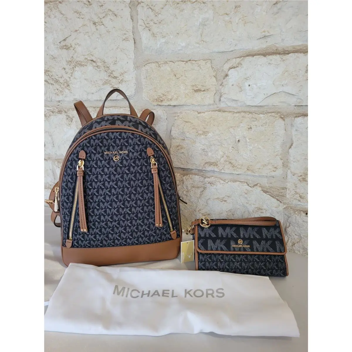 Michael Kors Brooklyn Backpack Medium + Wallet Set Denim Signature Monogram