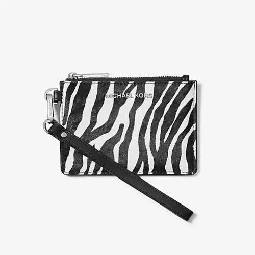 Michael Kor Black White Zebra Print Calf Hair Leather Wristlet Coin Purse Wallet
