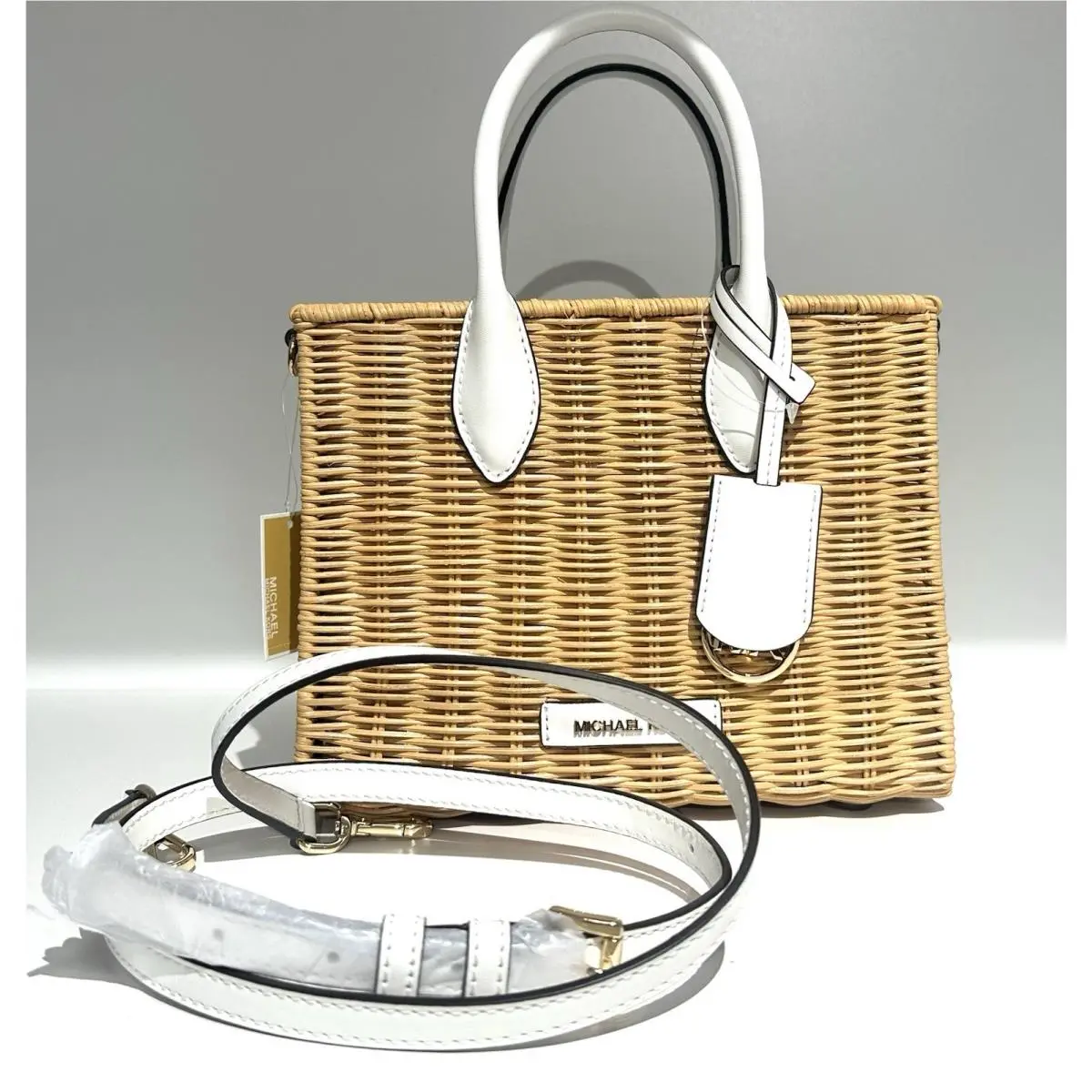 Michael Kors Mirella Small White Natural Straw Shopper Crossbody Satchel Bag
