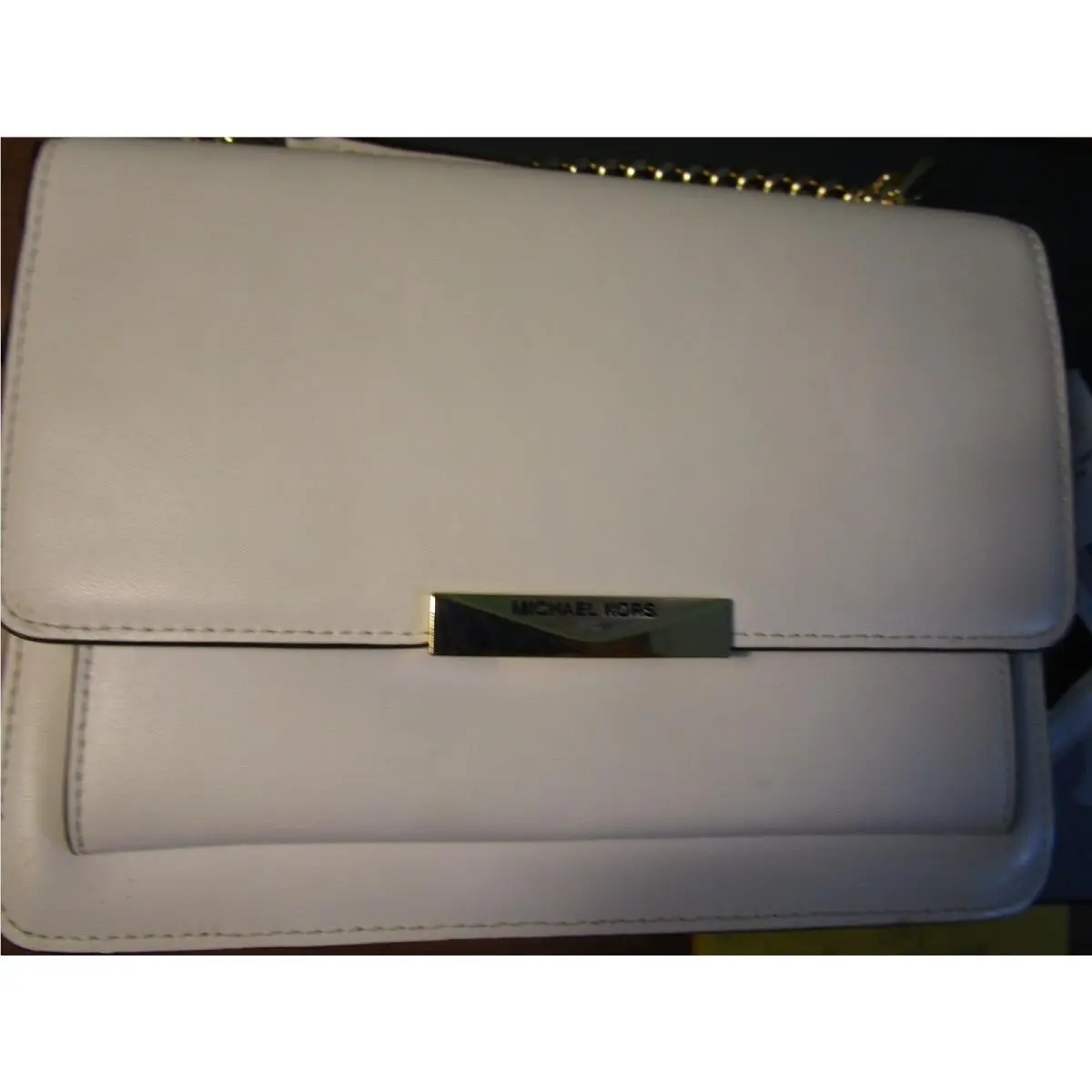 Michael Kors Jade Large Gusset Leather Shoulder Bag Optic White See Listing