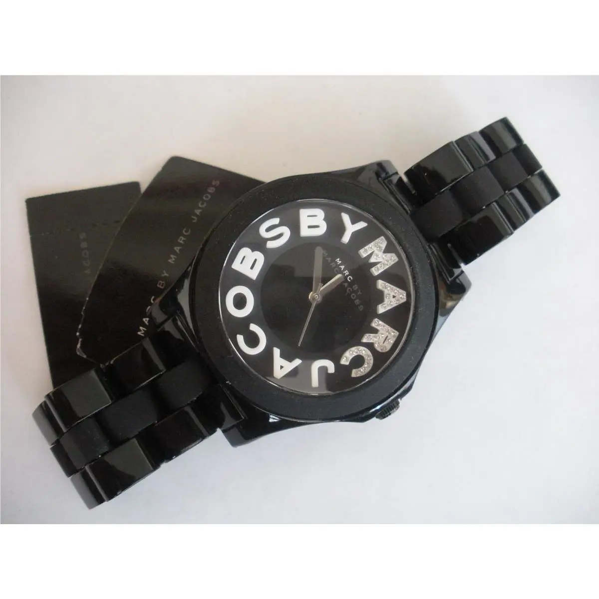 Marc Jacobs Black Acrylic Swarovski Crystal Logo Rivera Watch MBM8565 Rare
