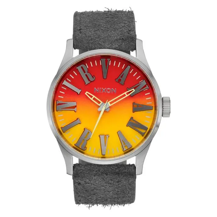 Nixon Nirvana Sentry Leather Band Quartz 42mm Unisex Watch A1418-5274-00 - Dial: Red, Yellow, Band: Gray, Bezel: Silver