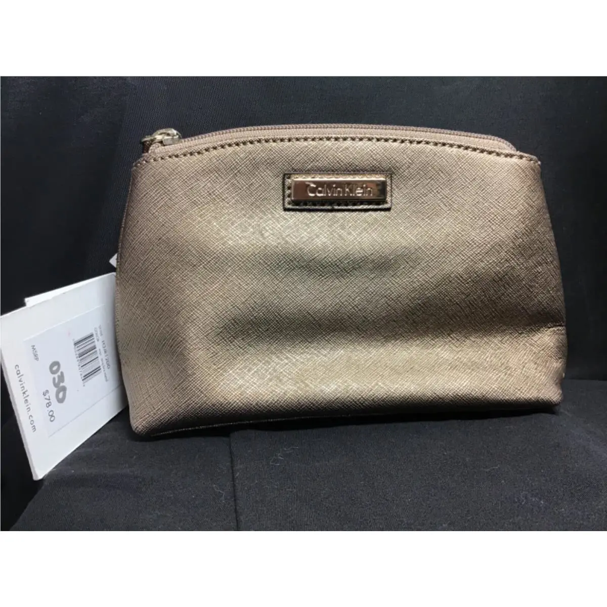 Calvin Klein Leather Pouch Cosmetic Bag Antique Bronze Metal 5 X 7