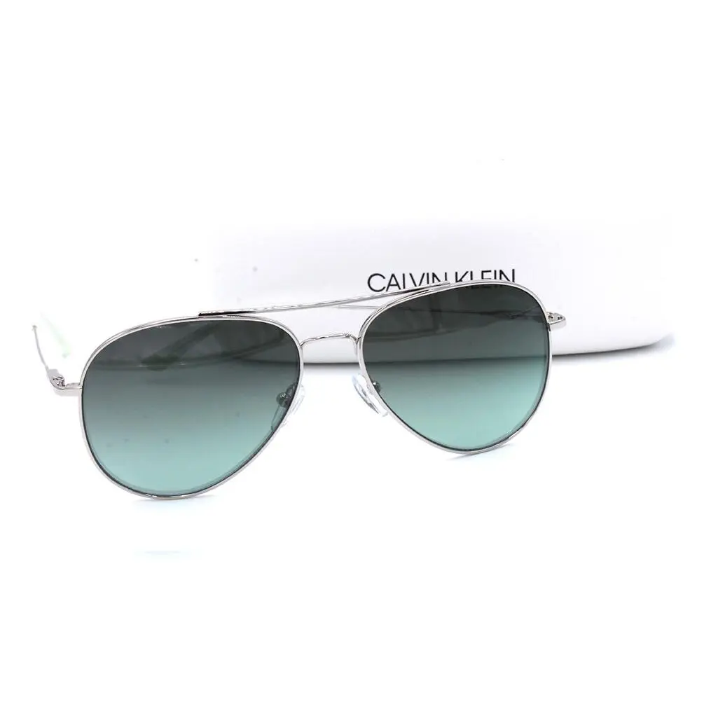 Calvin Klein Silver Aviator Pilot Sunglasses Gradient Green Lenses CK 18105S 045