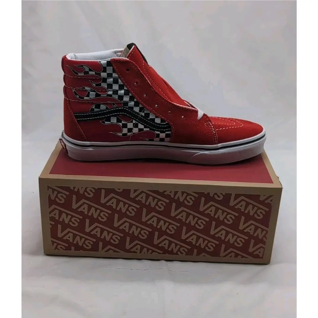 Vans SK8-HI Check Flame Racing Red VN000D5FIZQ1 Skate Unisex Kid`s Size 5 Junior - Red