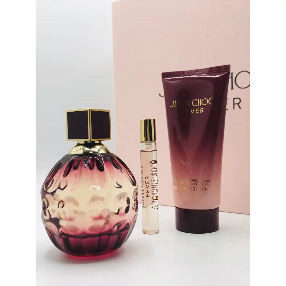 Jimmy Choo Fever 3pc Set Parfum Spray 3.3 oz Body Lotion 3.3 oz Mini Spray