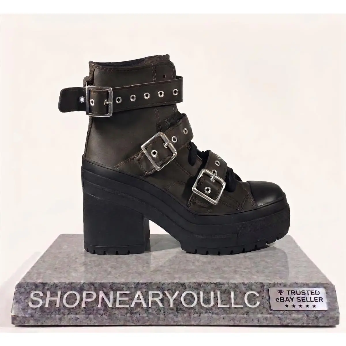 Converse Chuck 70 Heel Women`s Brown Leather High Top Platform Biker`s Boots