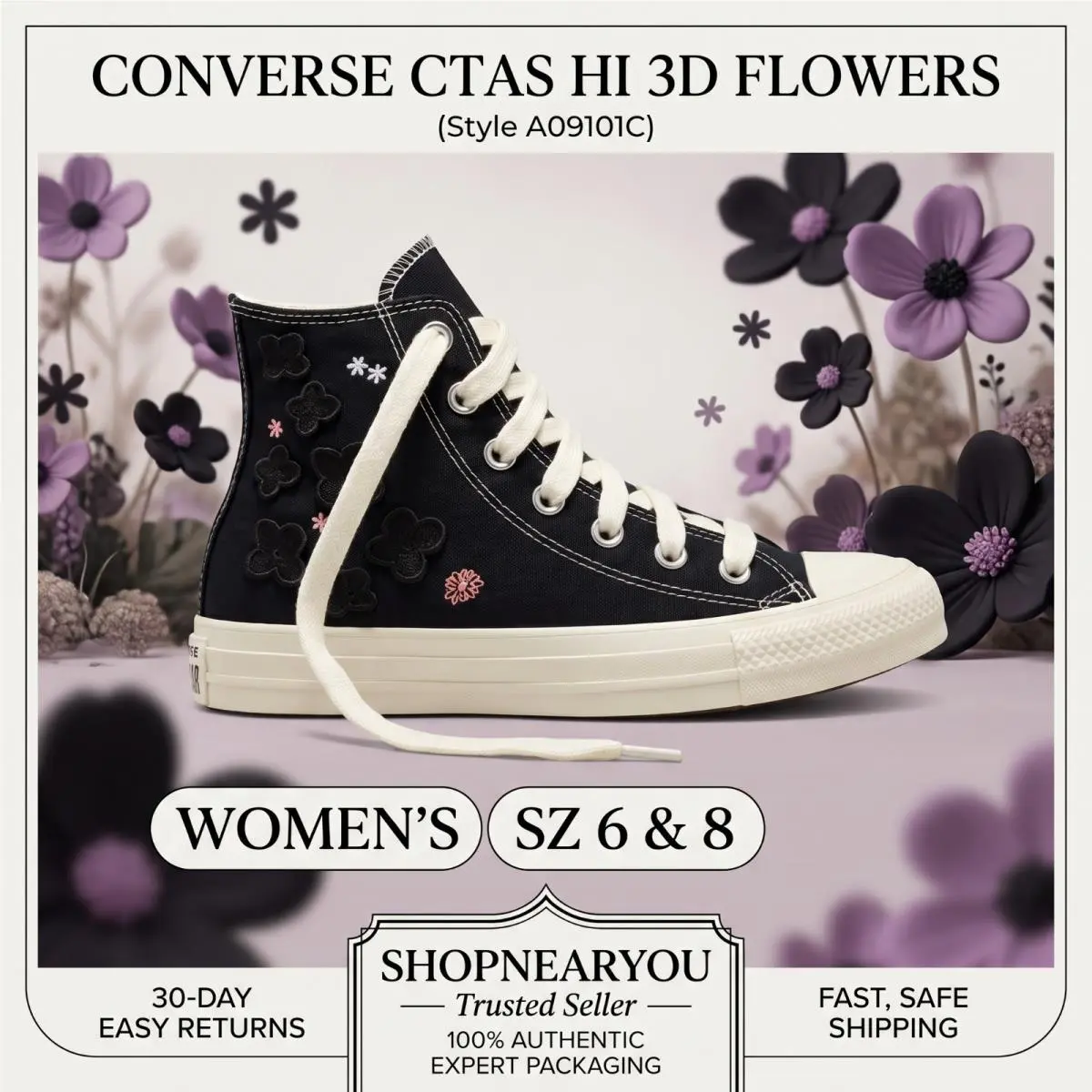Converse Chuck Taylor All Star 3D Flowers High Top Black Women Shoes A09101C