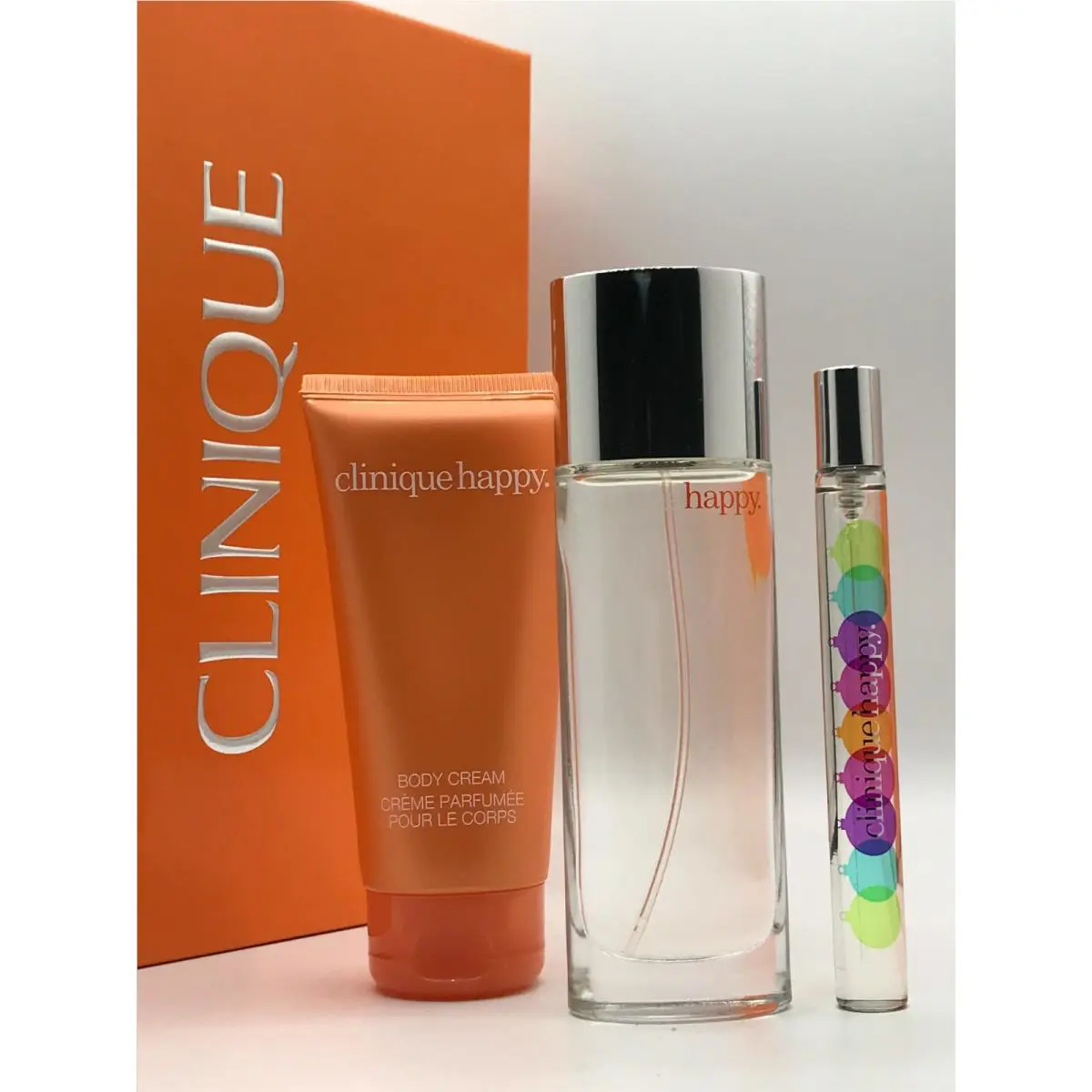 Clinique Happy 3pc Set Parfum Spray 1.7 oz Body Cream 2.5 Mini Spray