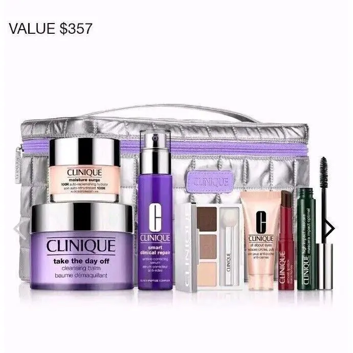 Clinique 2025 Best Of Clinique Skincare 8pc Set Silver Cosmetic Bag Value