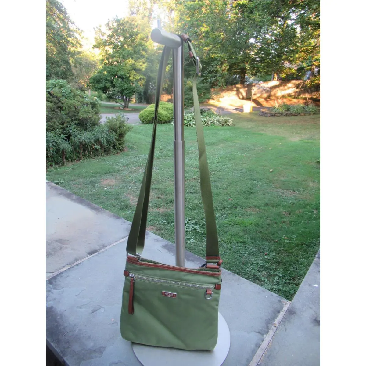 Tumi Capri Green Cross Body Bag/adjustable Strap/ Nylon/ Leather
