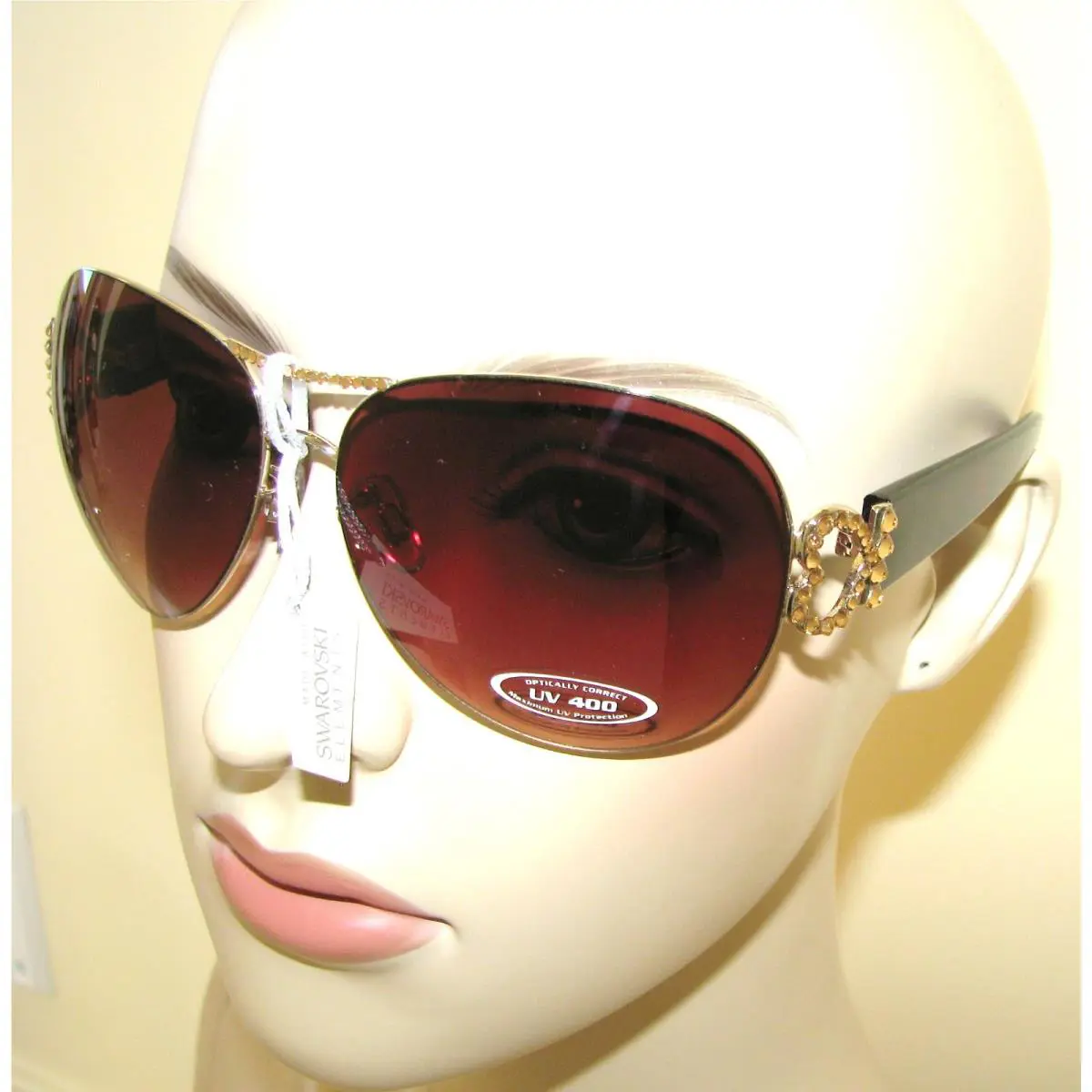 Elements Crystal Heart Black+brown UV400 Aviator SUNGLASSES-64120 BROWN by Swarovski