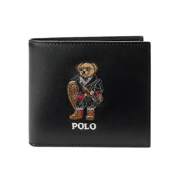 Polo  Leather Collegiate Preppy Holiday Bear Bifold Wallet W/box Black Snowshoe Bear by Ralph Lauren