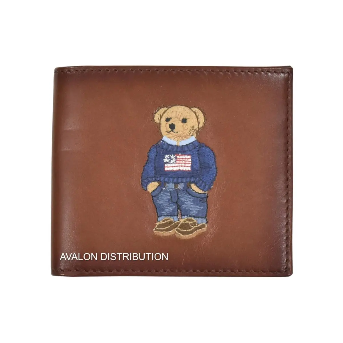 Polo  Leather Collegiate Preppy Holiday Bear Bifold Wallet W/box Tan Flag Sweater by Ralph Lauren