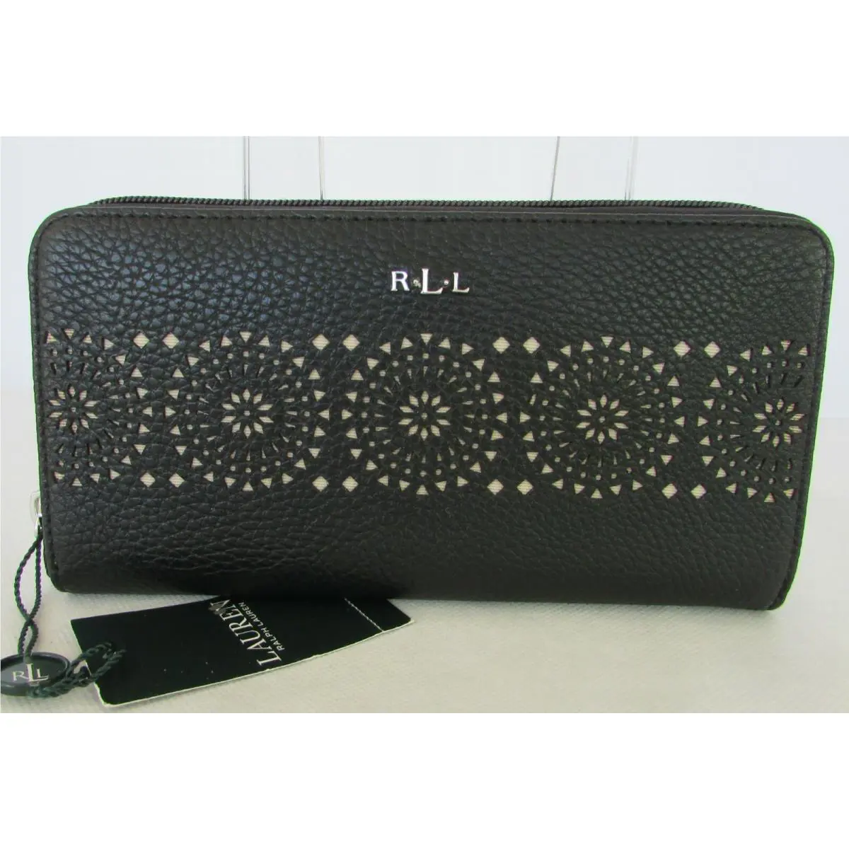 Ralph Lauren Zip Around Wallet Black Littlebury Die Cut Women`s RL