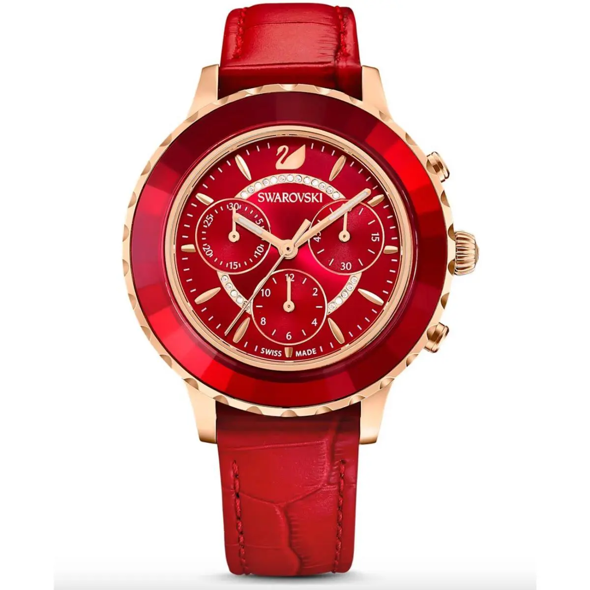 Swarovski Octea Lux Chrono, Octea Lux Chrono Red Leather Rose Gold Tone Women`s Watch 5646975