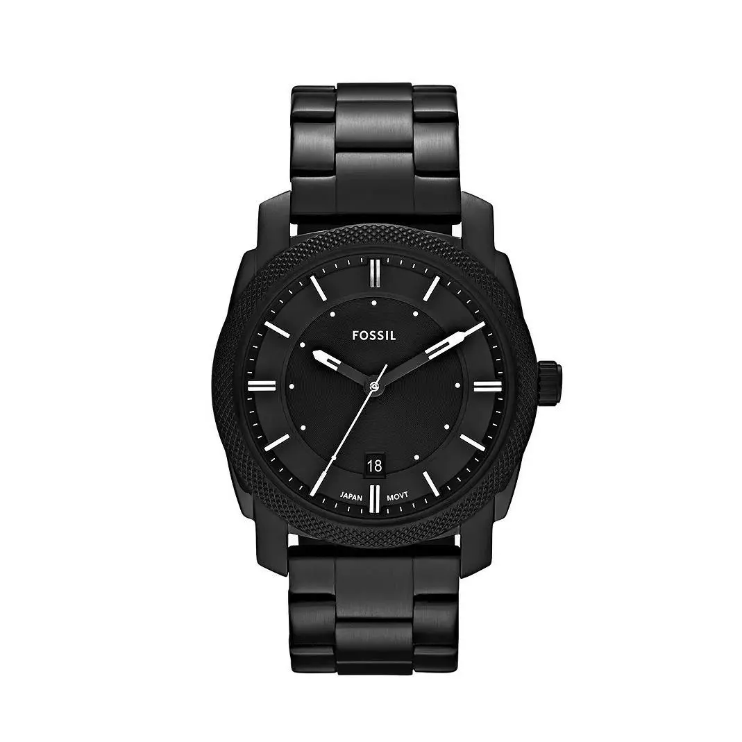 Fossil FS4552 Men`s Machine Black IP Stainless Steel Black Dial Analog Watch - Dial: Black, Band: Black, Bezel: Black