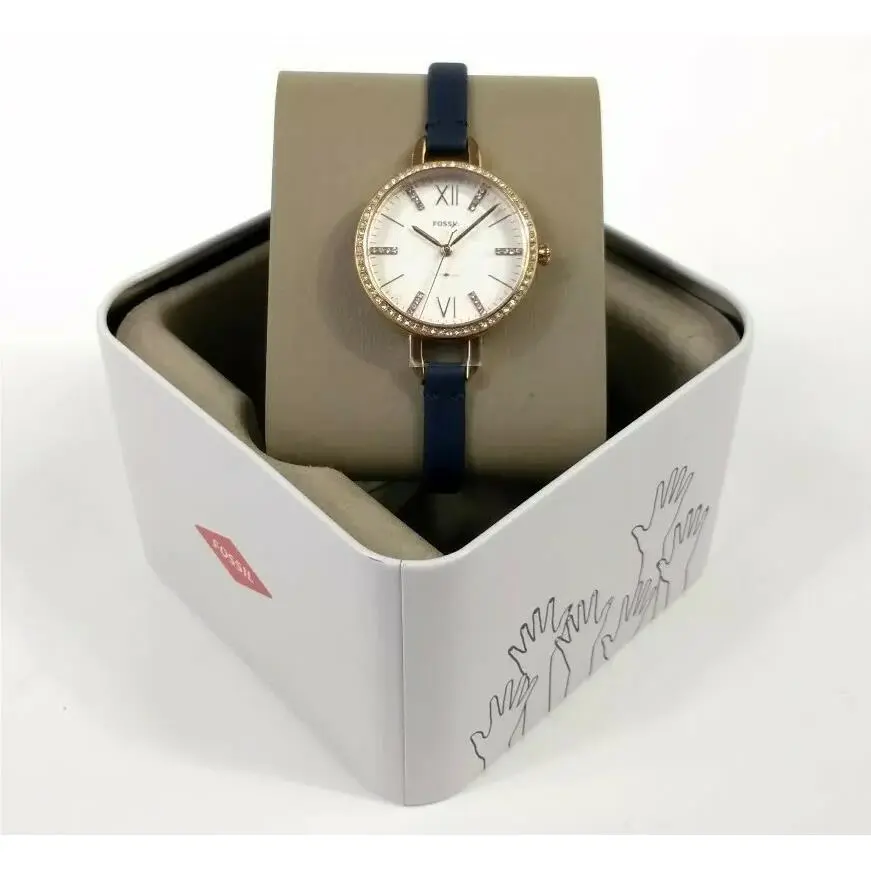Women`s Watch Crystal Annette Navy Blue Leather Rose Gold ES4403 by Fossil
