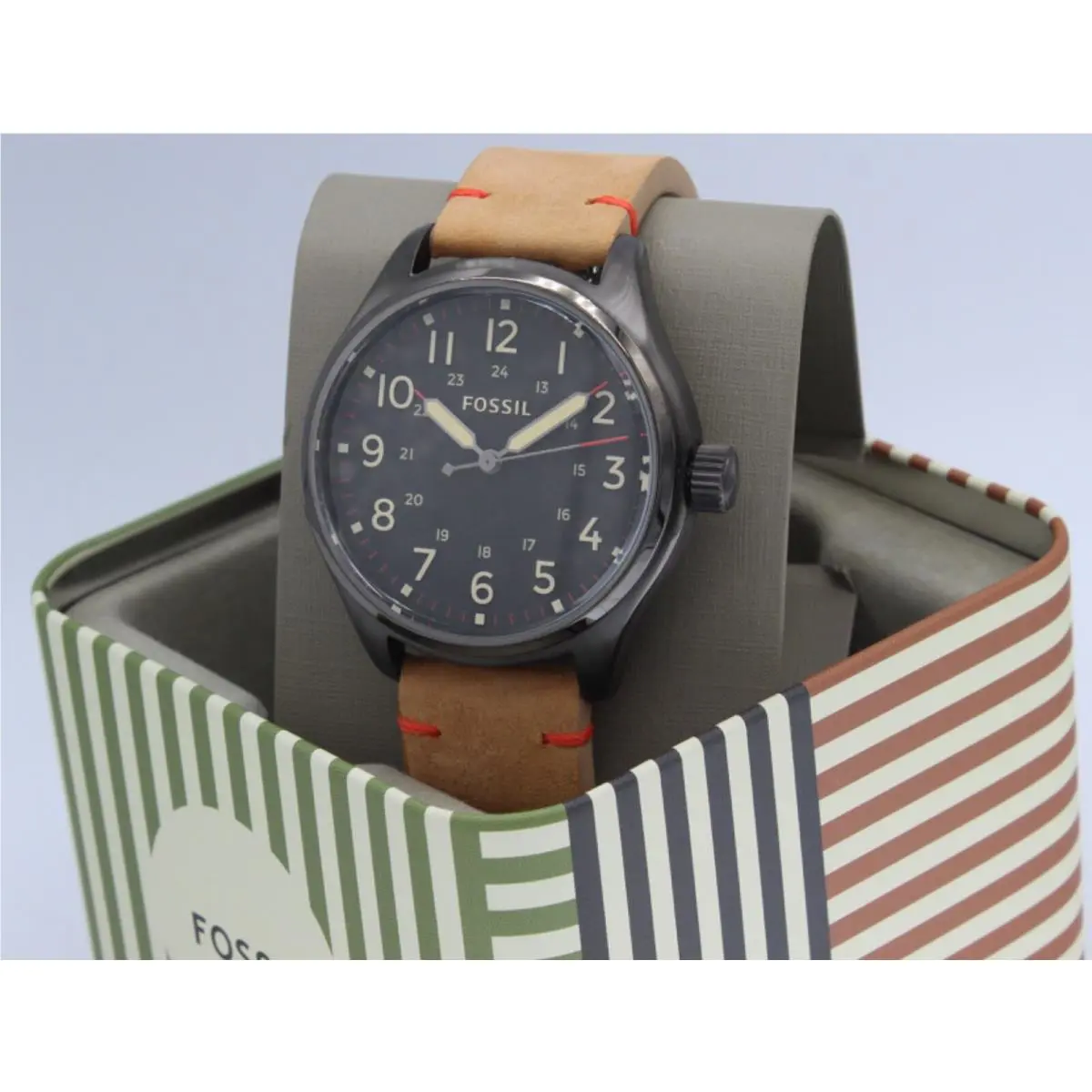 Fossil Easton Black Gunmetal Smoke Brown Leather Mens BQ2792 Watch