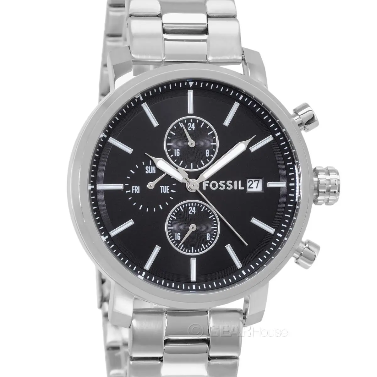Rhett Mens Dual Time Multifunction Watch Black Dial Stainless Steel Band by Fossil