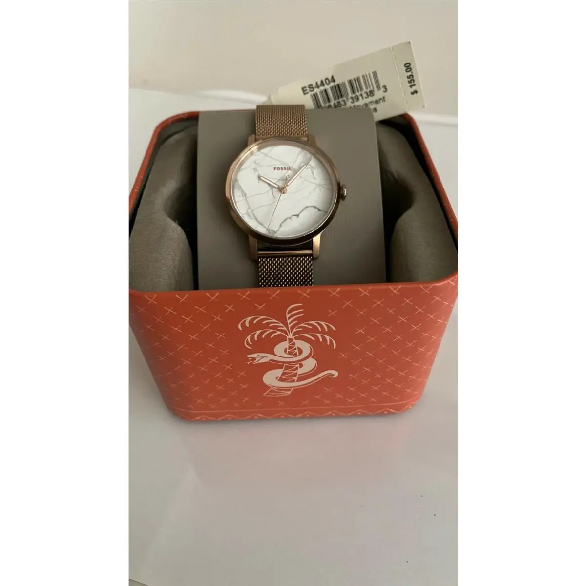 Fossil ES4404 Women`s Marble Dial Rose Gold-tone Mesh Stainless Steel Strap