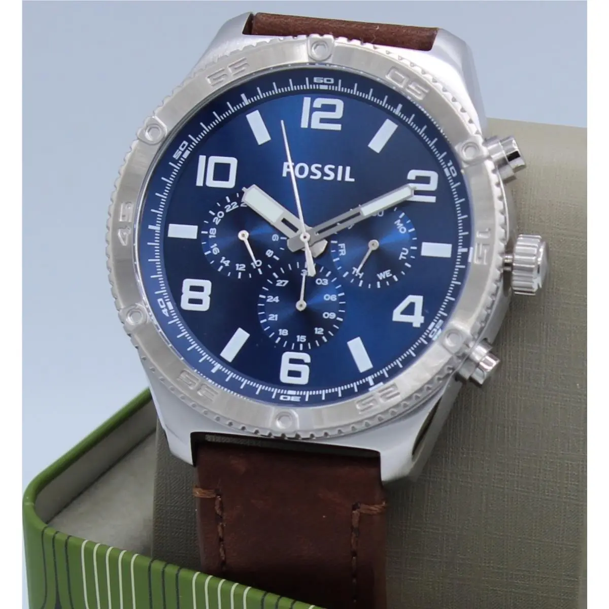 Fossil Brox Silver Blue Chronograph Brown Leather BQ2799 Men Watch