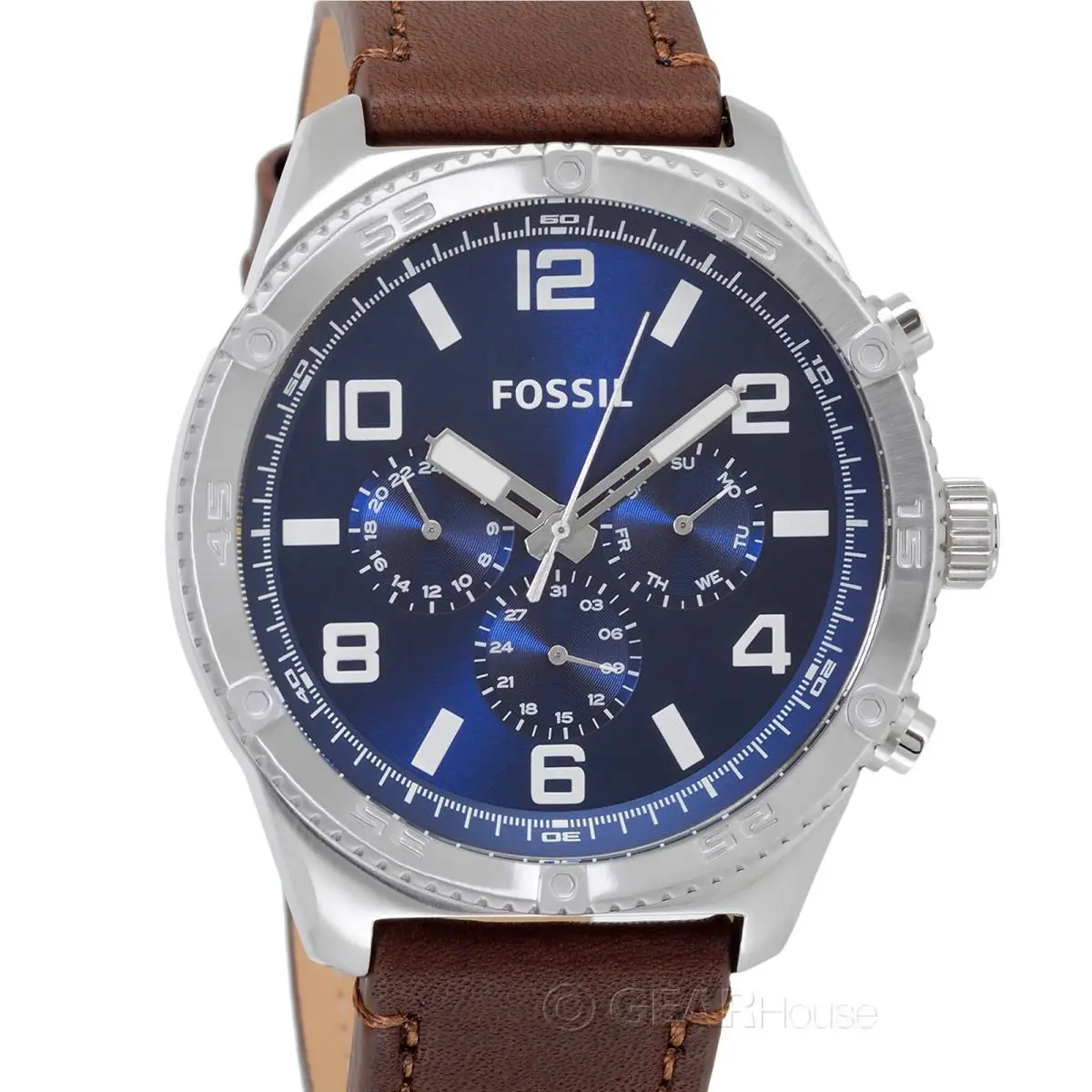 Fossil Brox Mens Multifunction Watch Large Blue Dial Brown Leather Strap