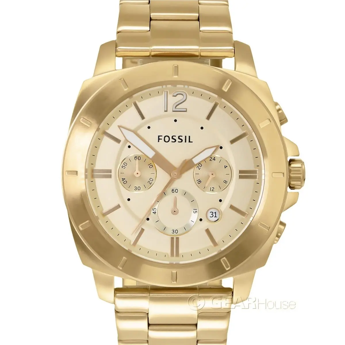 Fossil Privateer Sport Mens Chronograph Watch Gold Dial Stainless Steel Band