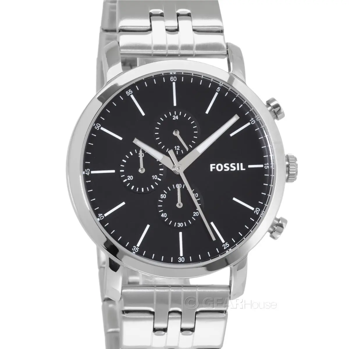 Luther Mens Chronograph Watch Black Dial Silver Stainless Steel Band by Fossil