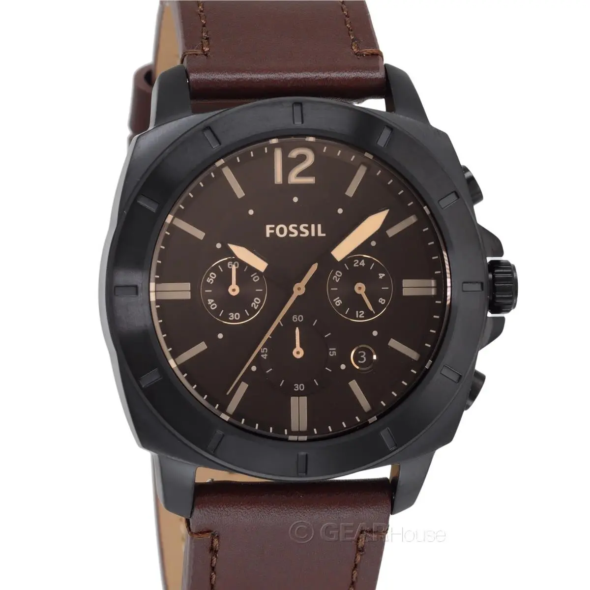 Privateer Mens Chronograph Watch Black Dial Brown Leather Strap by Fossil