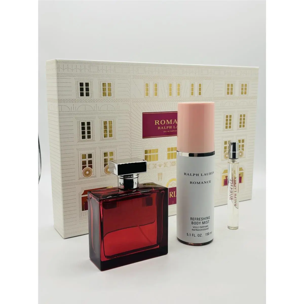 Ralph Lauren Romance 3pc Set Parfum 3.4 oz Spray 5.1 oz Mist .34 Travel Spray