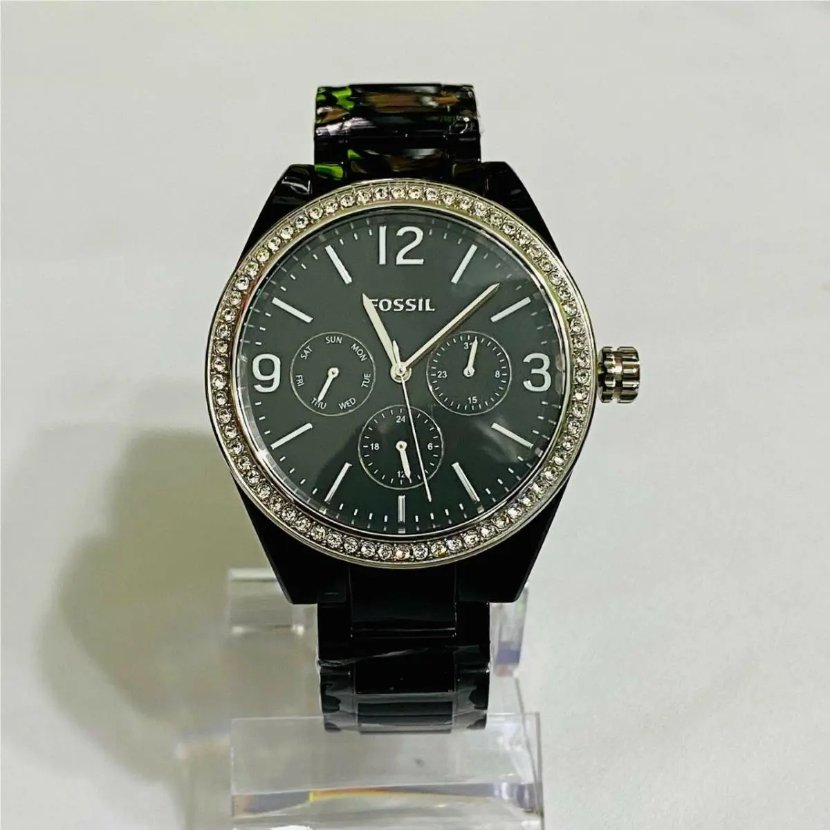 Fossil BQ3342 Chronograph Glitz Black Acetate Bracelet Women Watch
