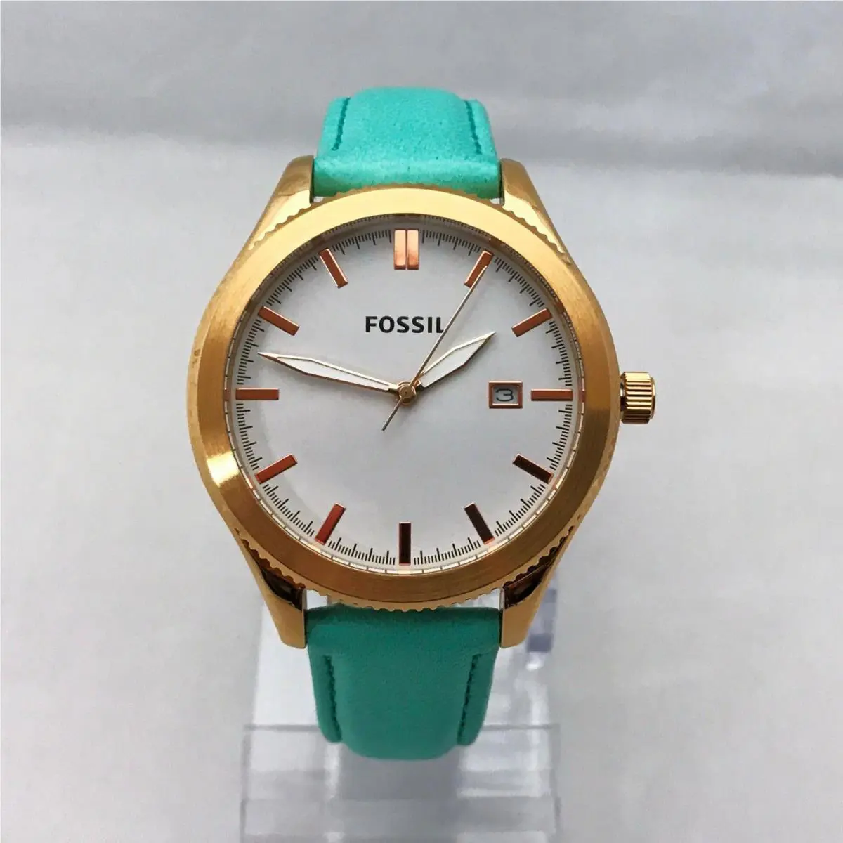 Fossil BQ3271 Classic with Date Light Teal Color Leather Strap Women Watch
