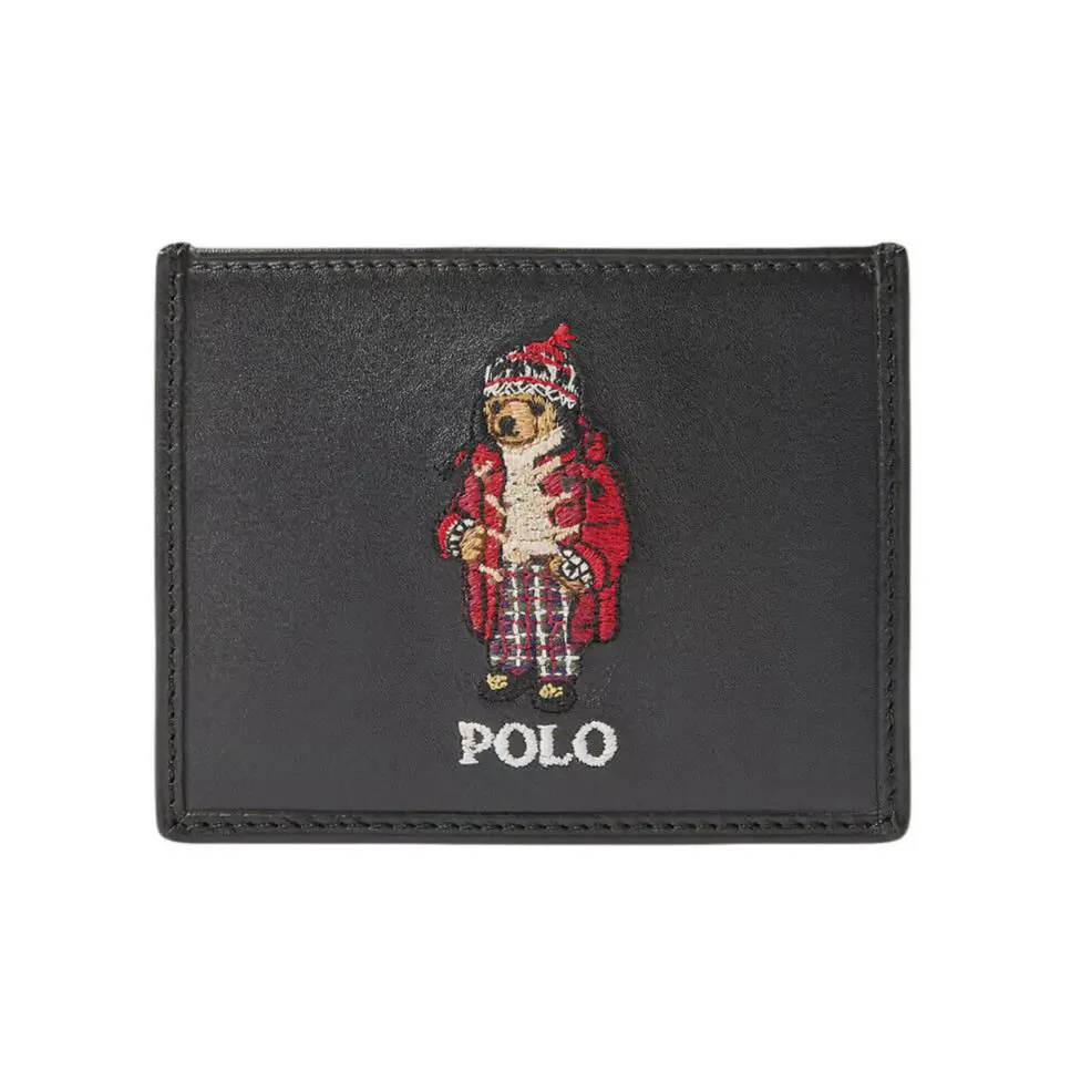 Polo Ralph Lauren Black Leather Duffel Coat Holiday Bear Card Case Wallet