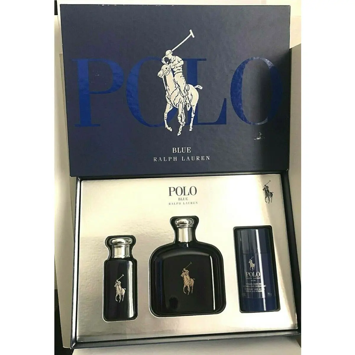 Polo Blue by Ralph Lauren 3pc Set Men 4.2 oz Edt+ Deodorant Stick 2.6 + Edt 1oz