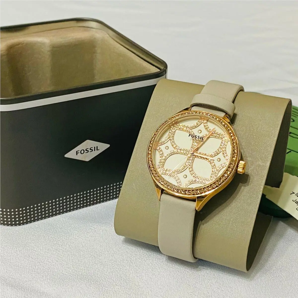 Fossil BQ3553 Suitor Rose Gold Stones Dial Grey Leather Band Women Watch