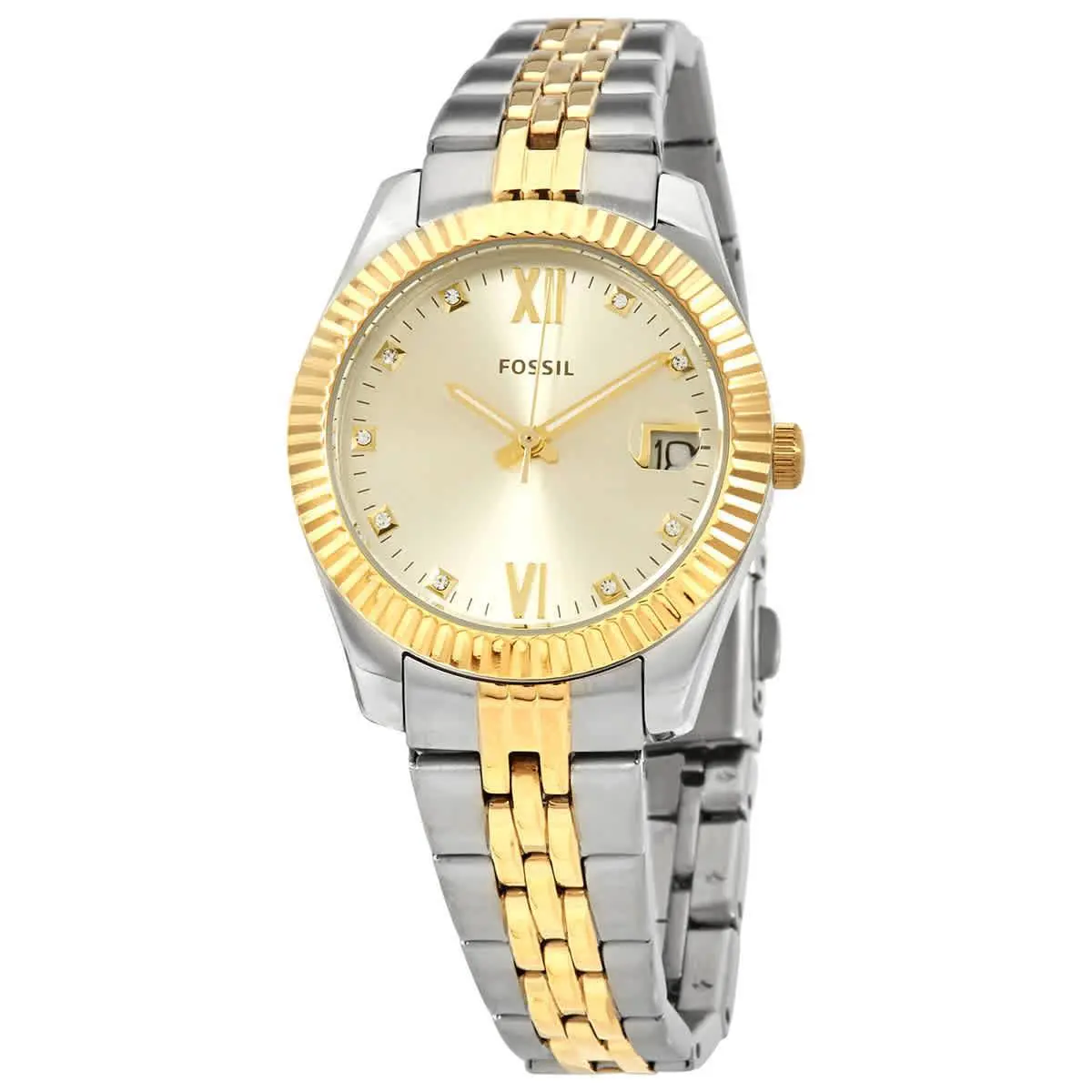 Fossil Scarlette Mini Quartz Crystal Gold Dial Ladies Watch ES4949 - Gold, Dial: Gold, Band: Two-tone (Silver-tone and Gold-tone)