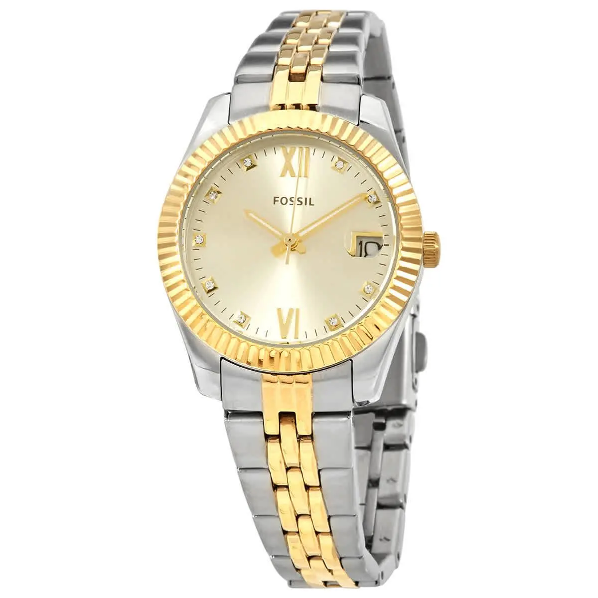 Fossil Scarlette Mini Quartz Crystal Gold Dial Ladies Watch ES4949 - Gold, Dial: Gold, Band: Two-tone (Silver-tone and Gold-tone)