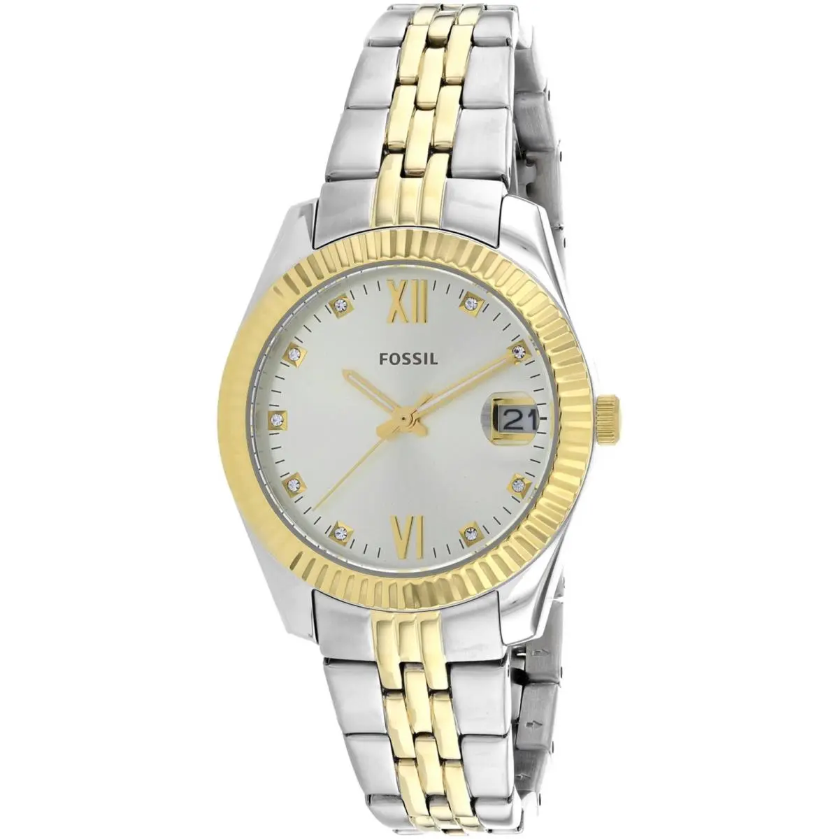 Fossil Women`s Watch Scarlette Quartz Silver Dial Two Tone Steel Bracelet ES4949 - Dial: Silver, Band: Silver, Yellow