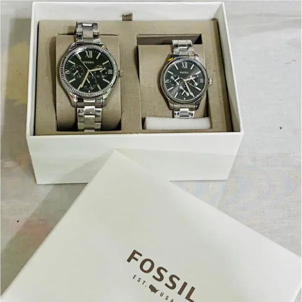 Fossil BQ2644SET Silver Black Chronograph Stainless Steel 3ATM Couples Watch Set