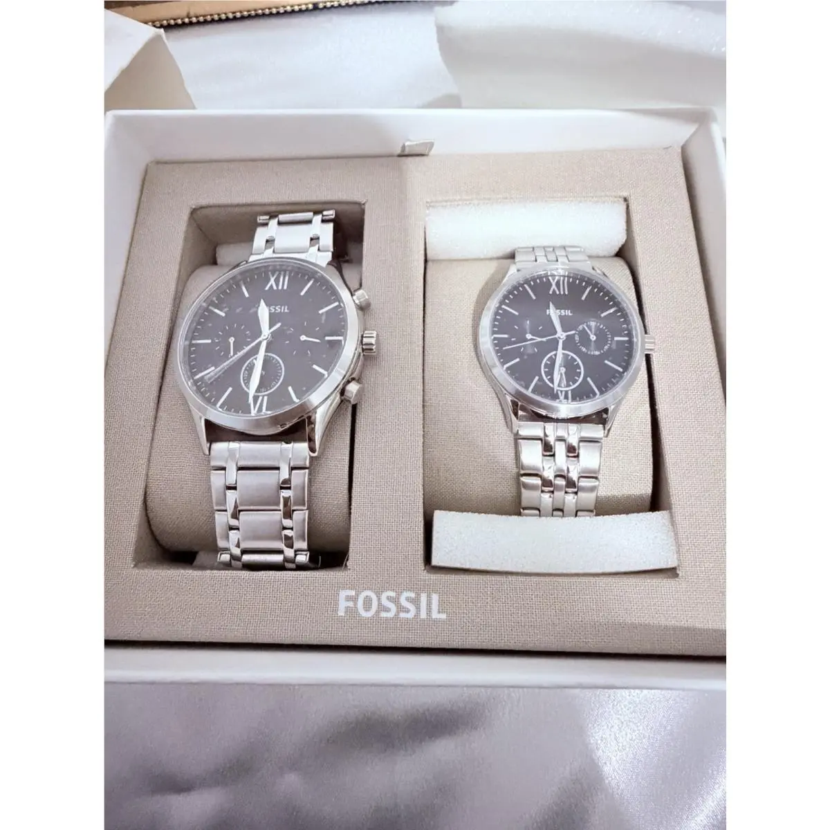 BQ2644SET Silver Black Stainless Steel Couples Watch Set Men’s Women’s by Fossil
