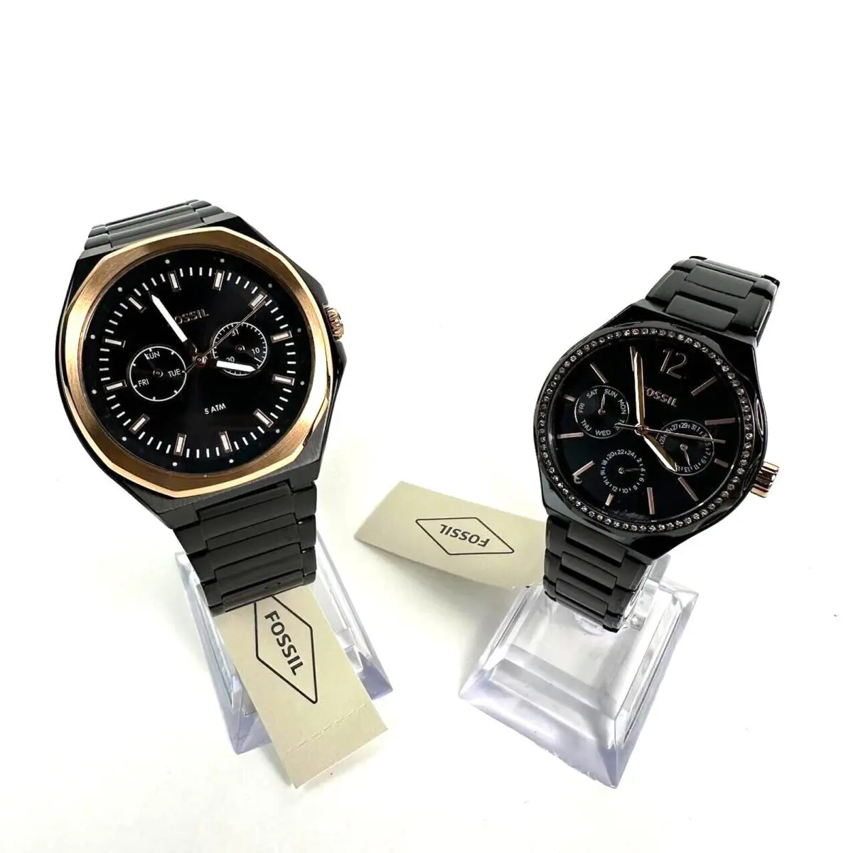 Fossil His and Her Multifunction Black Rose Gold Day Date Watch BQ2645SET