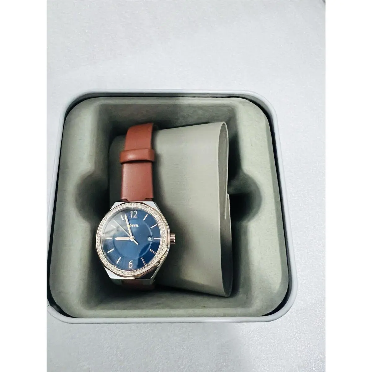 Fossil Women’s Eevie Three-hand Date Small Dial Blue Brown Leather Watch BQ3803