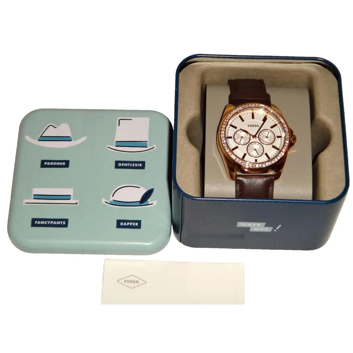 Fossil Women Janice Rose Gold Chronograph Watch 38mm Brown Strap Crystals BQ3383