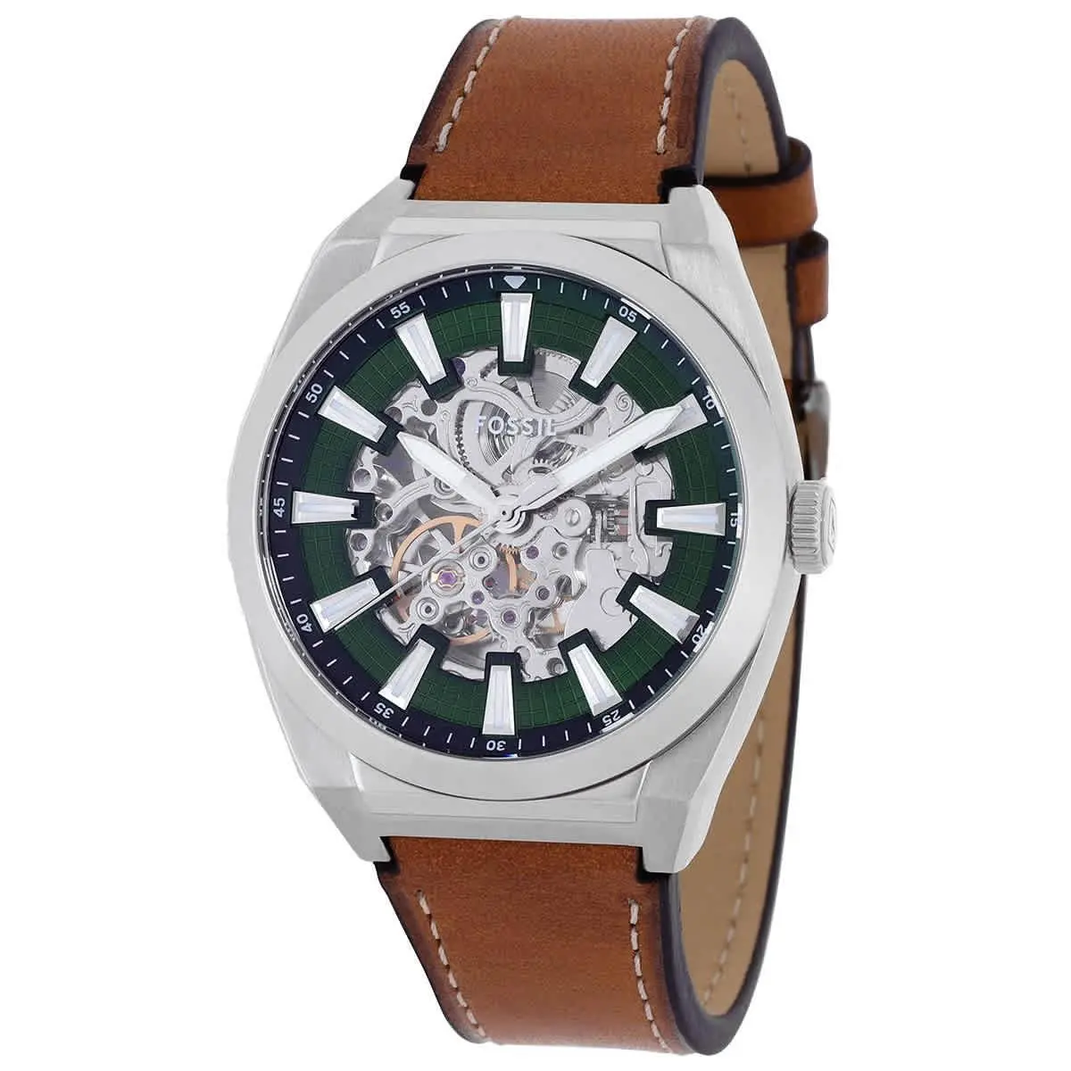Fossil Everett Automatic Green Dial Men`s Watch ME3261 - Dial: Green, Band: Brown, Bezel: Silver-tone