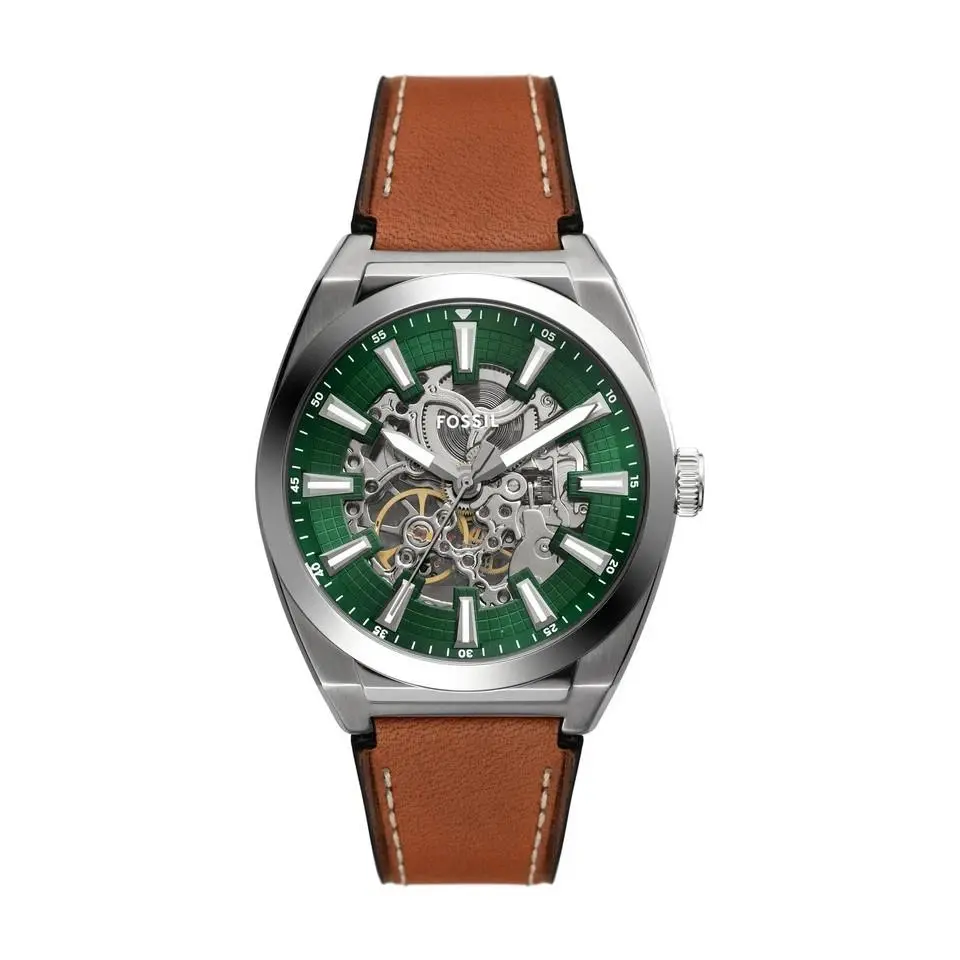 Fossil ME3261 Men`s Everett Leather Band Green Dial Skeleton Automatic Watch - Dial: Green, Band: Brown, Bezel: Silver