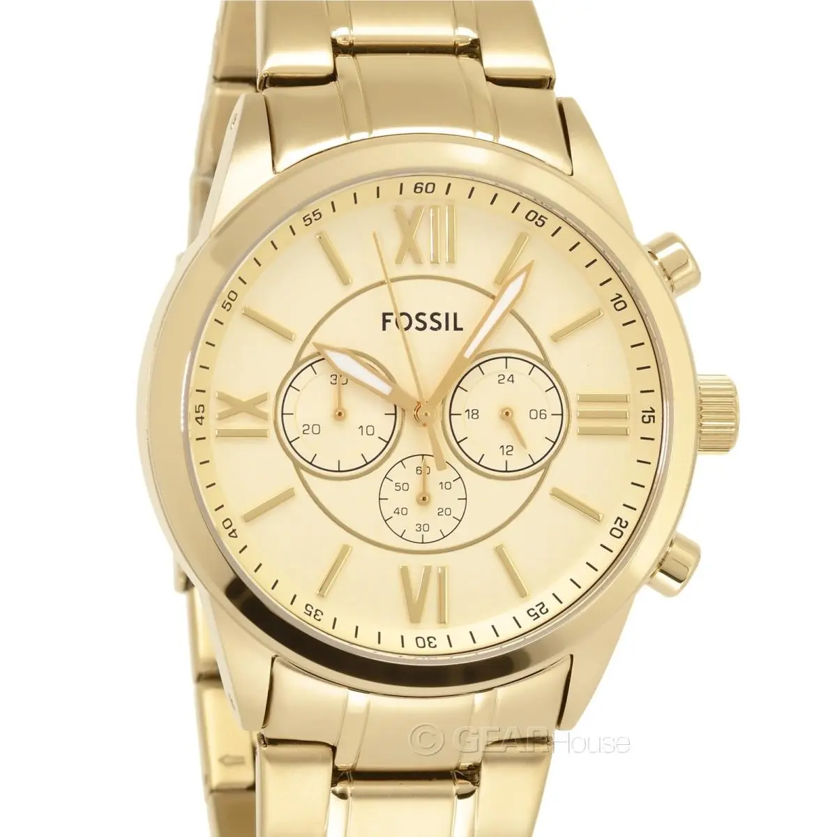 Fossil Flynn Mens Chronograph Watch Gold Dial Stainless Steel Band BQ1128