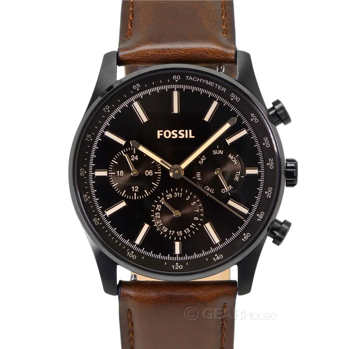 Fossil Sullivan Mens Multifunction Watch Black Dial Day Date Brown Leather Band