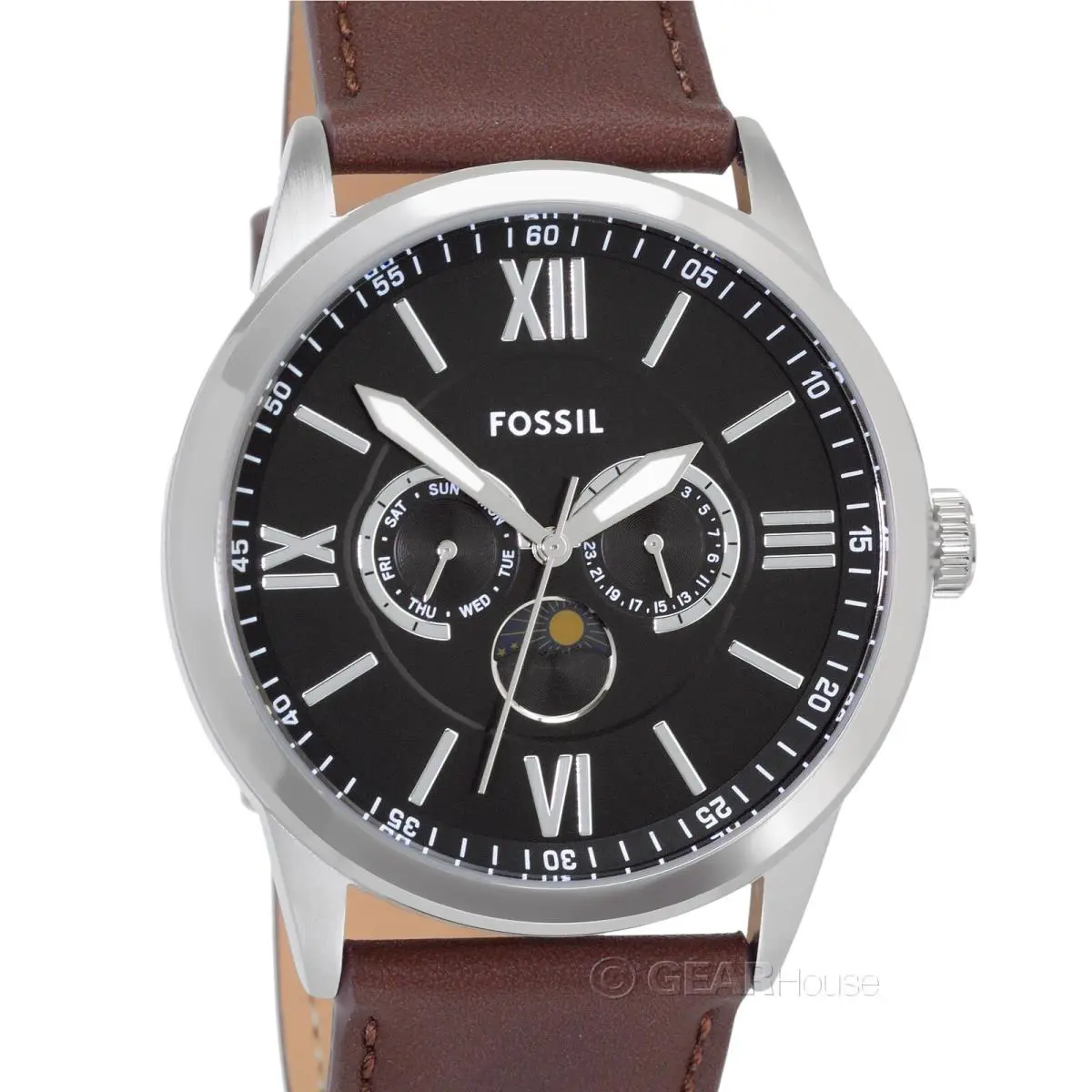Fossil Flynn Mens Multifunction Watch Black Dial Day Date Moon Sun Brown Leather