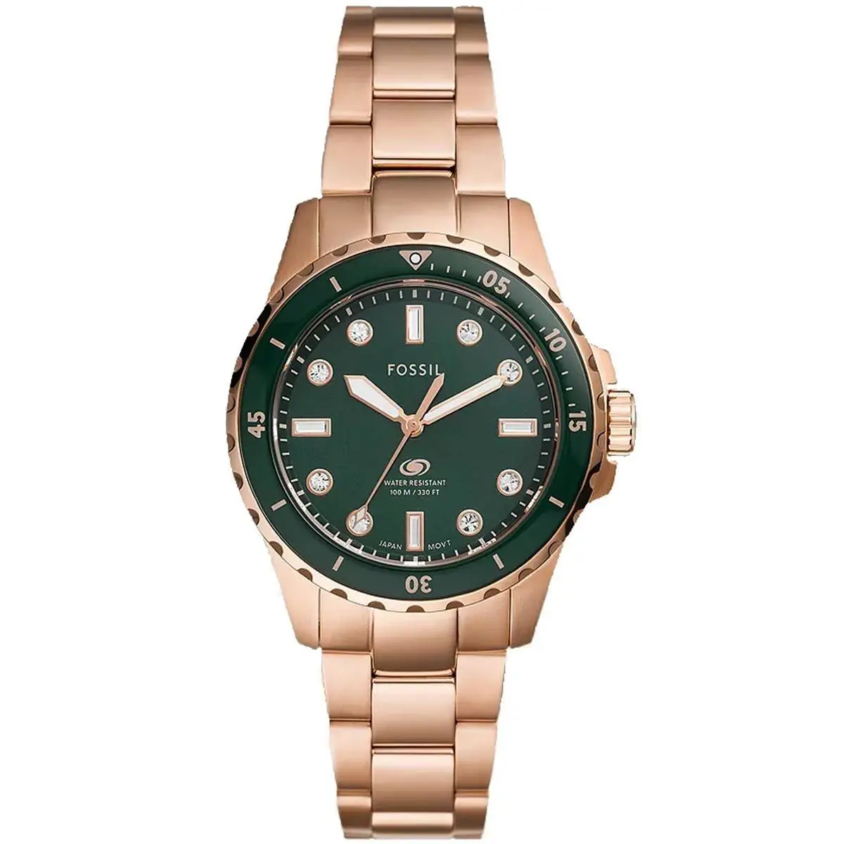 Women`s Blue Dive Watch with Green Dial and Simulated Crystal Accents by Fossil